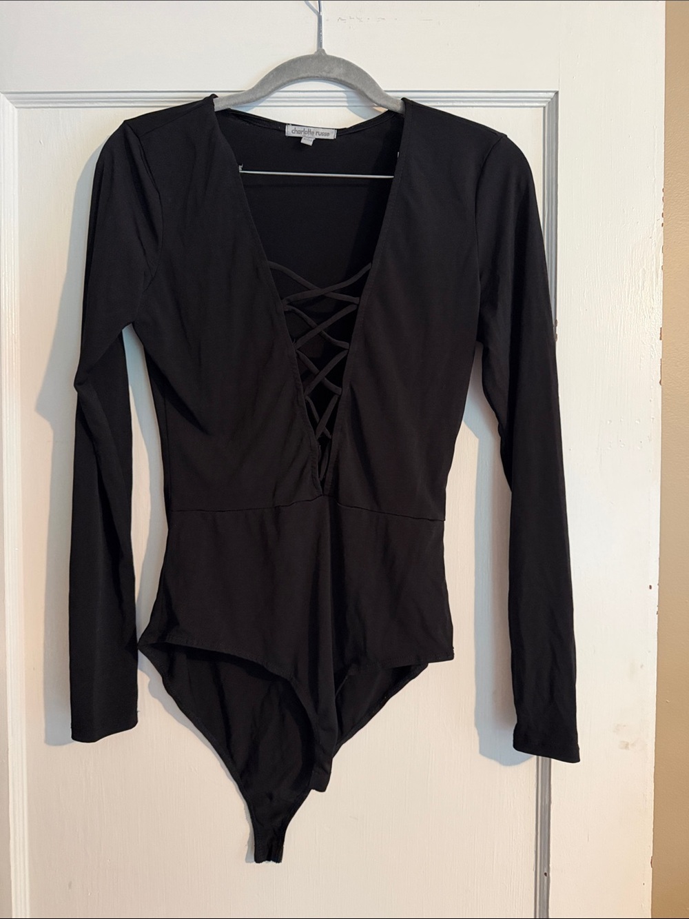 Charlotte Russe Black Long Sleeve Lace-Up Bodysuit